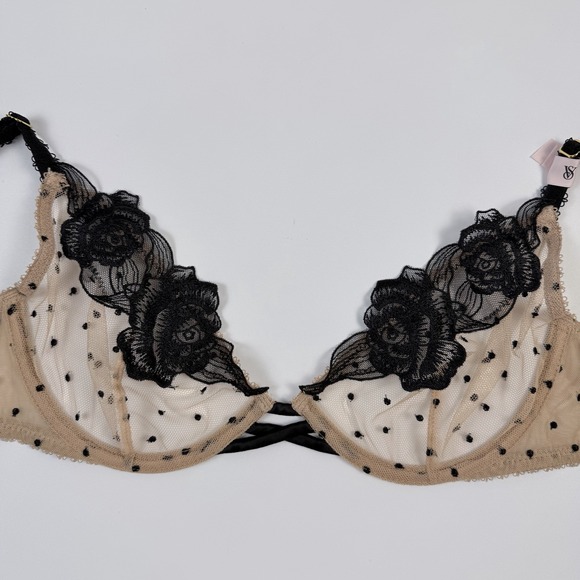Victoria's Secret Other - Victoria's Secret Tease Unlined Demi Bra Beige Black Polka Dot Mesh Lace 32D NWT